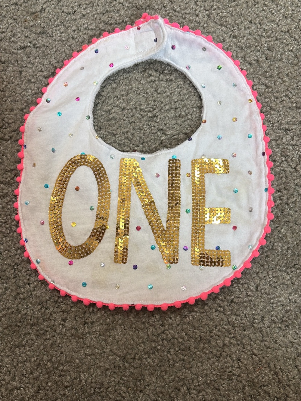 Mud Pie White Bib with Gold Sequin "ONE" and Hot Pink Trim